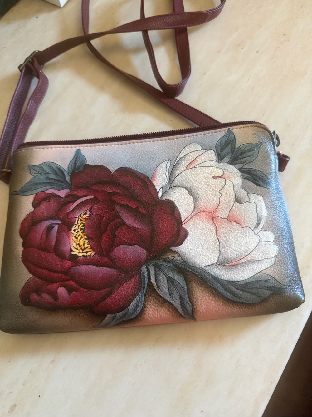 Anuschka Hand-Painted Floral Crossbody in Burgundy, Pink and Cream - Picture 3 of 9
